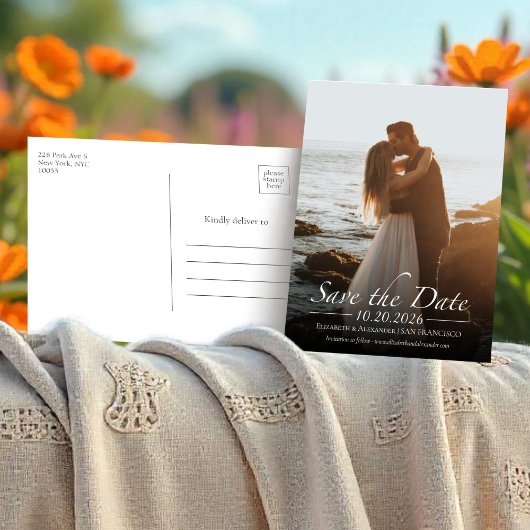 Zwart-wit kalligrafie foto Save the Date Briefkaart