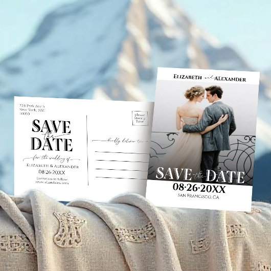 Zwart-wit kalligrafie foto Save the Date Briefkaart