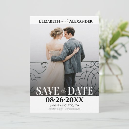 Zwart-wit kalligrafie foto Save the Date Kaart (Staand voorkant)