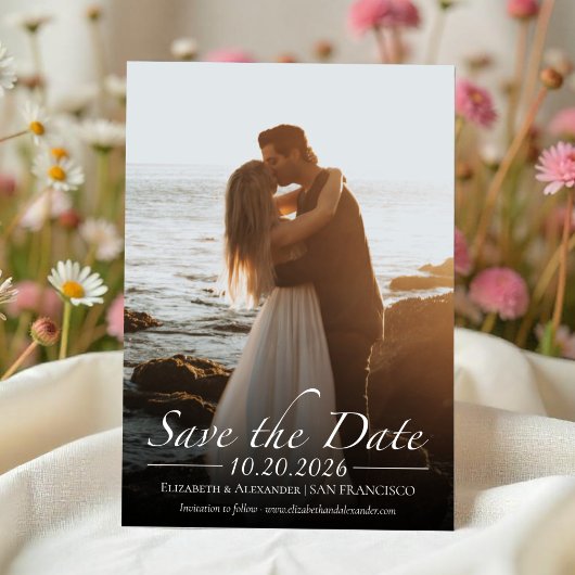 Zwart-wit kalligrafie foto Save the Date Kaart