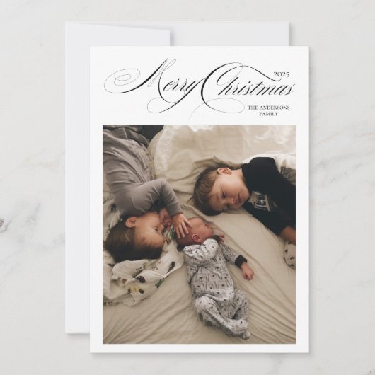 Zwart Wit Kalligrafie Foto Vrolijk Kerstfeest Feestdagenkaart (Voorkant)