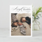 Zwart Wit Kalligrafie Foto Vrolijk Kerstfeest Feestdagenkaart (Staand voorkant)