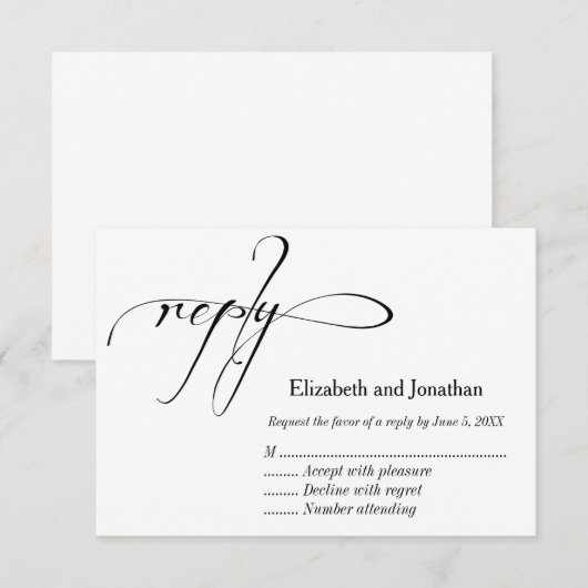 Zwart-wit kalligrafie Huwelijksreactiekaart RSVP Kaartje (Voorkant / Achterkant)