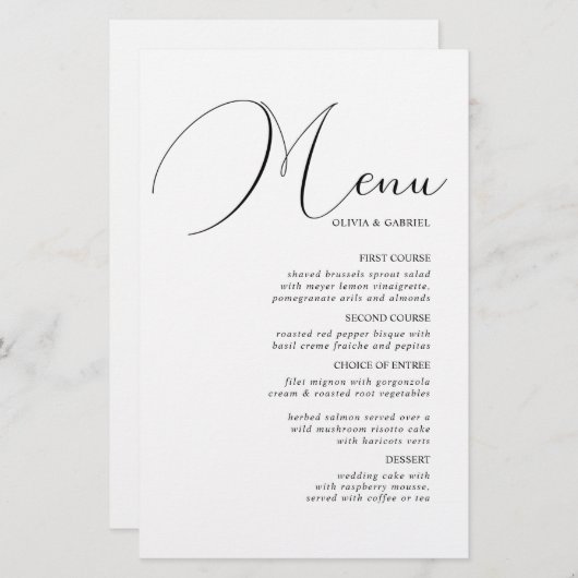 Zwart wit kalligrafie minimalistisch trouwmenu (Voorkant / Achterkant)