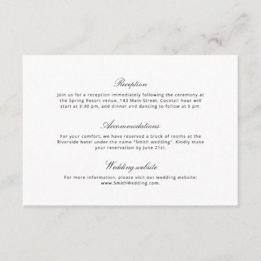 Zwart-wit kalligrafie Moderne bruiloft Details Informatiekaartje (Voorkant)