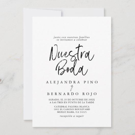 Zwart Wit Kalligrafie Nuestra Boda Bruiloft Kaart (Voorkant)