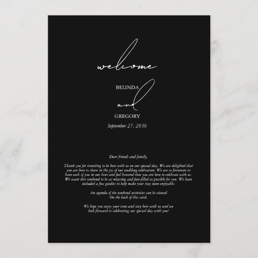 Zwart & Wit Kalligrafie Script Huwelijksreis Programmakaart (Voorkant)