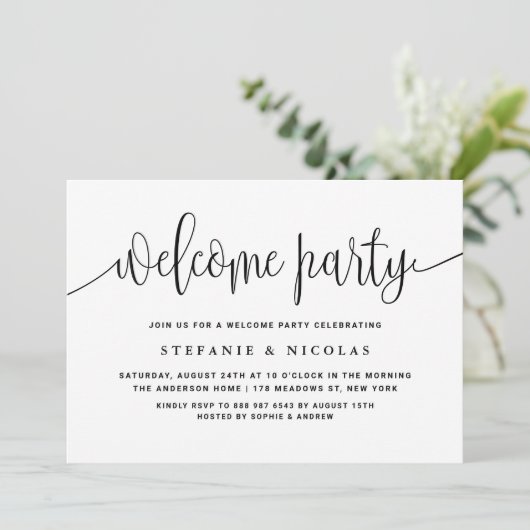 Zwart-wit  Kalligrafie Welkom Party Kaart (Staand voorkant)