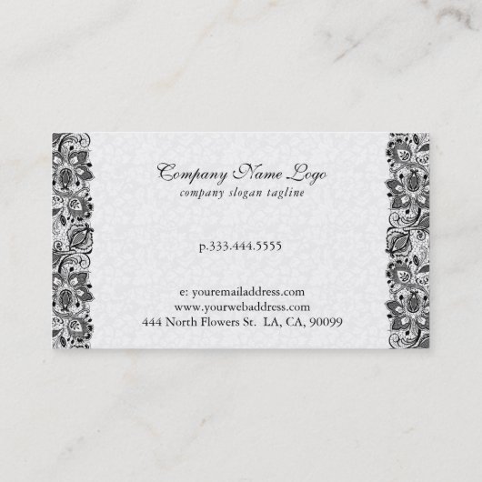Zwart wit kant bloemendamast weddingplanner visitekaartje (Achterkant)
