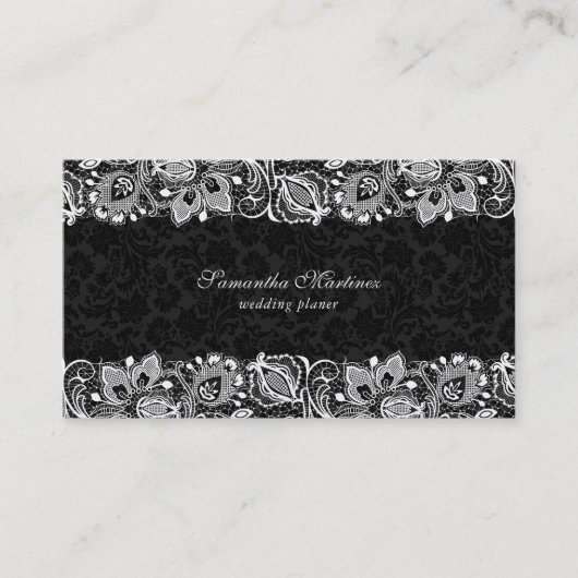 Zwart wit kant bloemendamast weddingplanner visitekaartje (Voorkant)