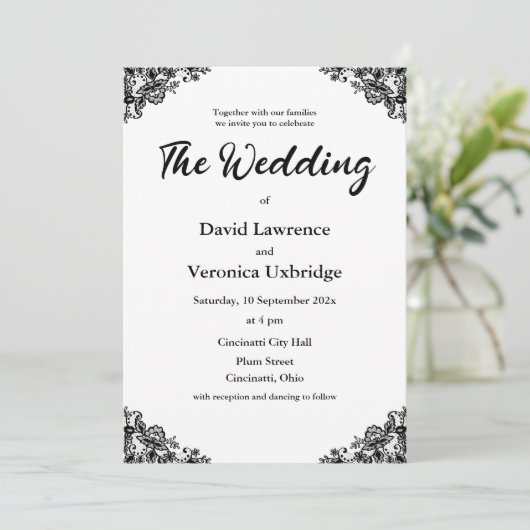 Zwart-wit kant bruiloft uitnodiging (Staand voorkant)