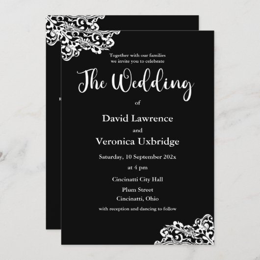 Zwart-wit kant bruiloft uitnodiging (Voorkant / Achterkant)