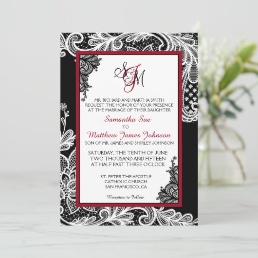 Zwart-wit Kant bruiloft uitnodiging Kaart (Staand voorkant)