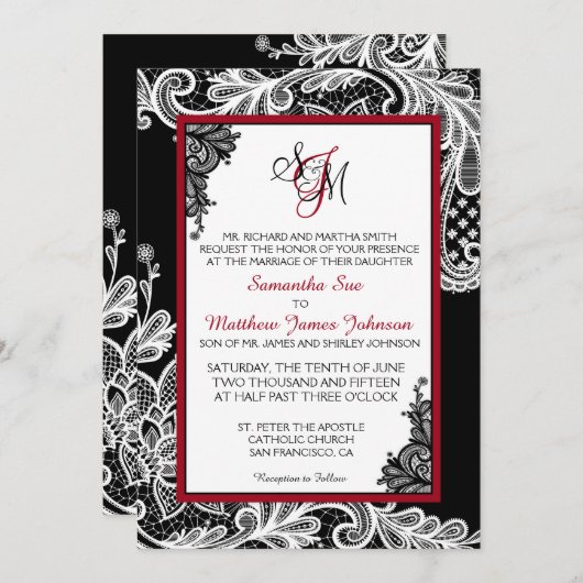 Zwart-wit Kant bruiloft uitnodiging Kaart (Voorkant / Achterkant)