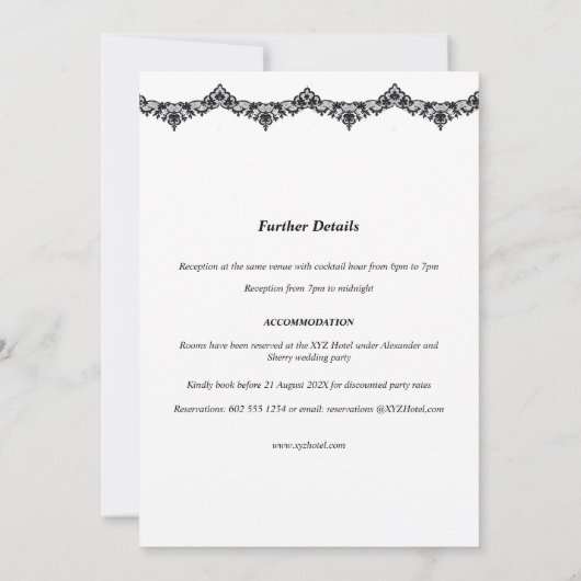 Zwart-wit kant bruiloft uitnodigingen (Achterkant)