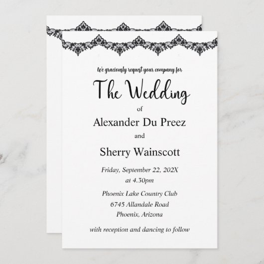 Zwart-wit kant bruiloft uitnodigingen (Voorkant / Achterkant)