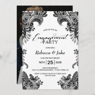 Zwart Wit Kant Custom Photo Engagement Party Kaart
