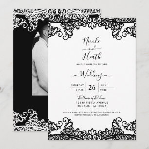 Zwart & Wit Kant Elegant Trouwfeest Kaart