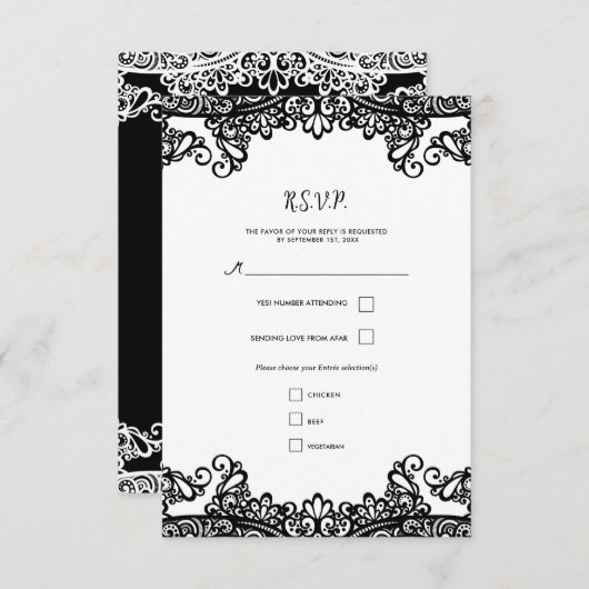 Zwart & Wit Kant Elegante Huwelijk RSVP (Voorkant / Achterkant)