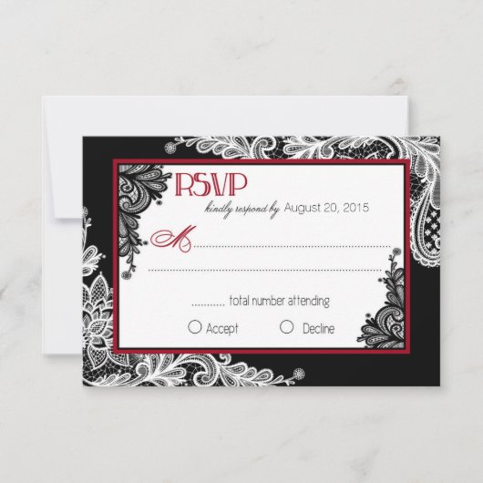 Zwart-wit kant Elegante RSVP-kaart RSVP Kaartje (Voorkant)