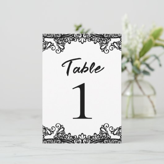 Zwart & Wit Kant Elegante Trouwtafel Nummer Kaart (Staand voorkant)