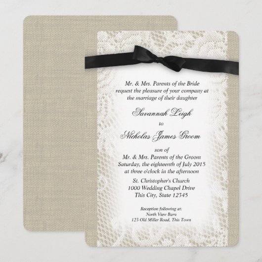 Zwart-wit kant en boog bruiloft kaart (Voorkant / Achterkant)