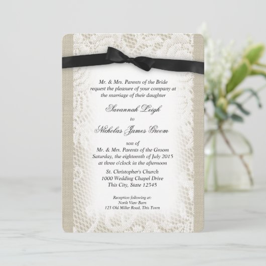 Zwart-wit kant en boog bruiloft kaart (Staand voorkant)