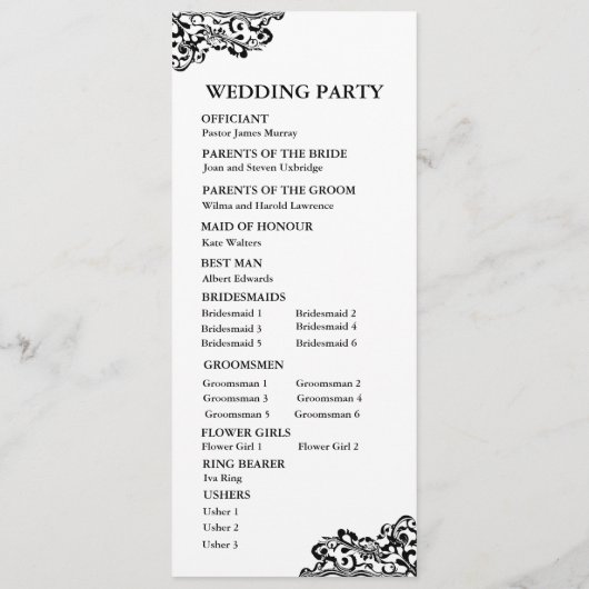 Zwart-wit kant huwelijksprogramma programmakaart (Achterkant)