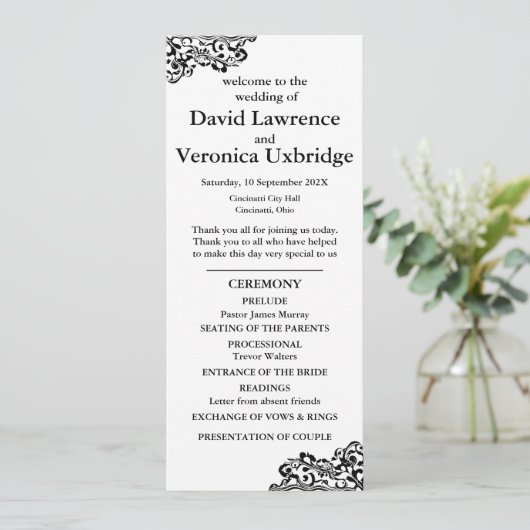 Zwart-wit kant huwelijksprogramma programmakaart (Staand voorkant)