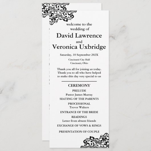 Zwart-wit kant huwelijksprogramma programmakaart (Voorkant / Achterkant)
