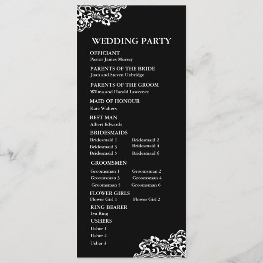 Zwart-wit kant huwelijksprogramma programmakaart (Achterkant)