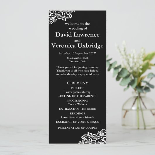 Zwart-wit kant huwelijksprogramma programmakaart (Staand voorkant)