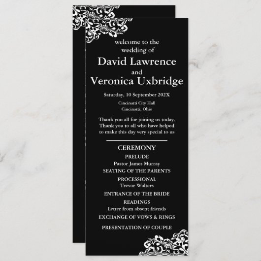 Zwart-wit kant huwelijksprogramma programmakaart (Voorkant / Achterkant)