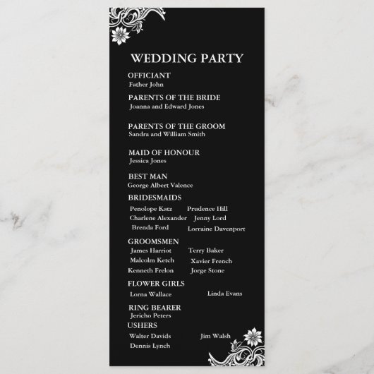 Zwart-wit kant huwelijksprogramma programmakaart (Achterkant)