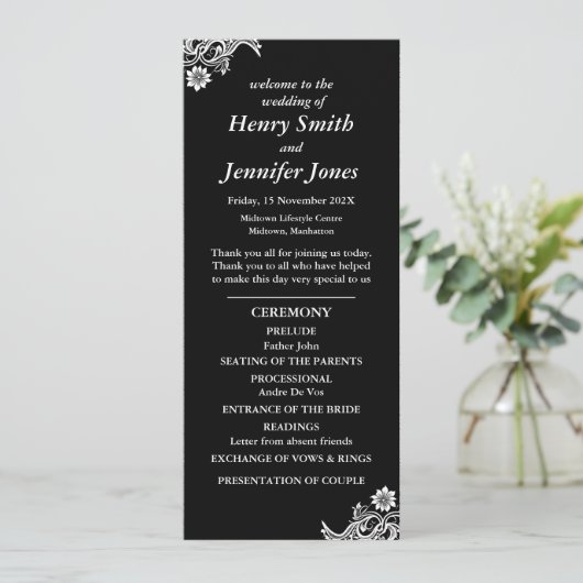 Zwart-wit kant huwelijksprogramma programmakaart (Staand voorkant)