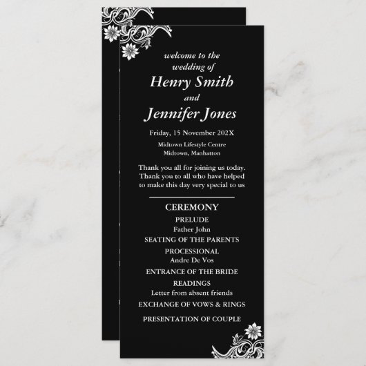 Zwart-wit kant huwelijksprogramma programmakaart (Voorkant / Achterkant)