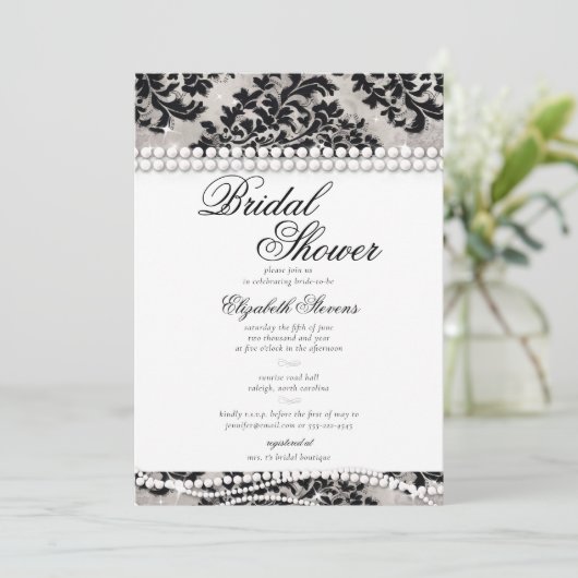 Zwart-wit Kant Parels Damask Vrijgezellenfeest Kaart (Staand voorkant)