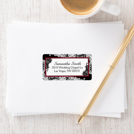 Zwart Wit Kant Rood Accenten Bruiloft Labels (Insitu)