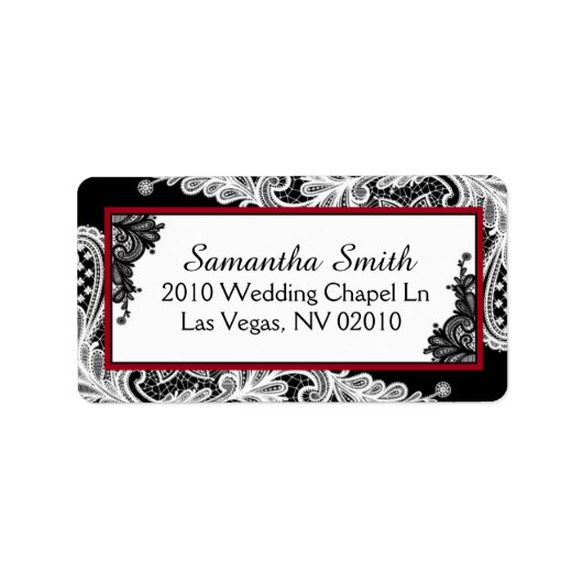Zwart Wit Kant Rood Accenten Bruiloft Labels (Voorkant)