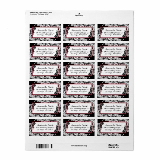 Zwart Wit Kant Rood Accenten Bruiloft Labels (Full Sheet)