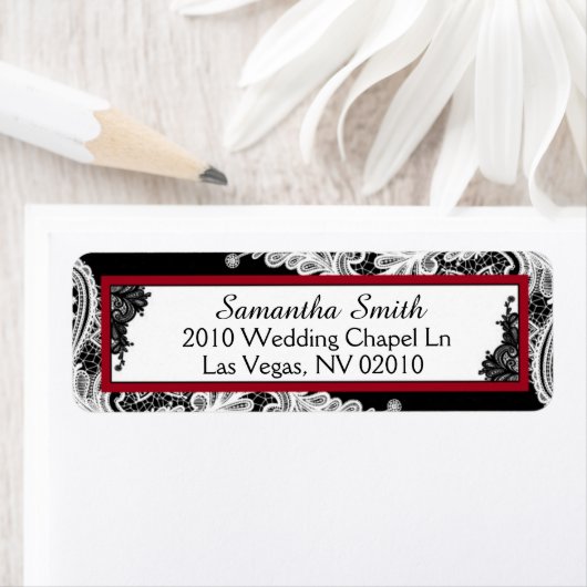 Zwart Wit Kant Rood AccentenBruiloft Labels (Insitu)