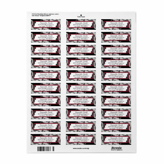 Zwart Wit Kant Rood AccentenBruiloft Labels (Full Sheet)