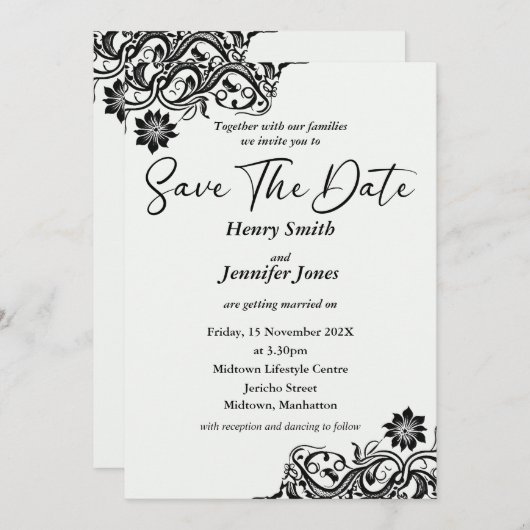 Zwart-wit kant Save The Date Invitation Kaart (Voorkant / Achterkant)
