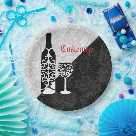 Zwart & Wit Kant Wijnfles Borden Papieren Bordje (Feest)