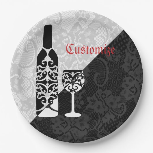 Zwart & Wit Kant Wijnfles Borden Papieren Bordje (Voorkant)
