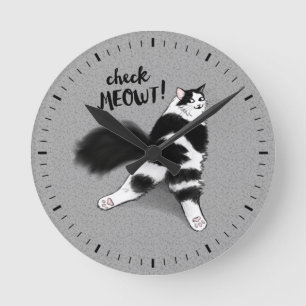 Zwart-wit kat check Meowt Funny Ronde Klok
