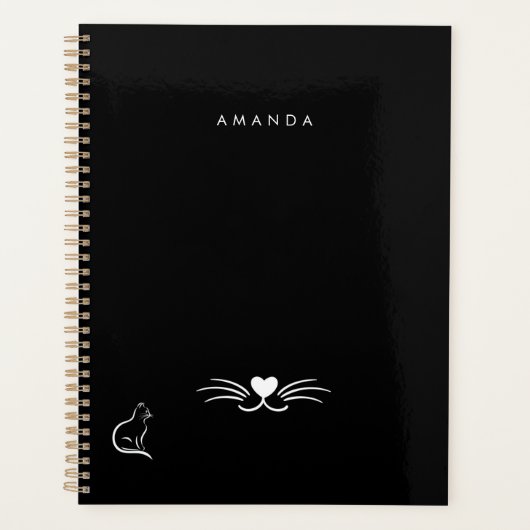 Zwart wit kat eenvoudig minimalistisch personalise planner (Voorkant)