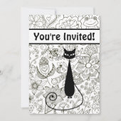 Zwart-wit kat en tuin verjaardag uitnodiging (Voorkant)
