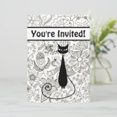 Zwart-wit kat en tuin verjaardag uitnodiging (Staand voorkant)