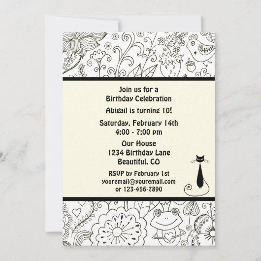 Zwart-wit kat en tuin verjaardag uitnodiging (Achterkant)